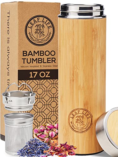 LeafLife Premium Bamboo Thermos with Tea Infuser & Strainer 17oz capacity – Keeps Hot & Cold for 12 Hrs – Vacuum Insulated Stainless Steel Travel Tea Tumbler Infuser Bottle for Loose Leaf Tea & Coffee