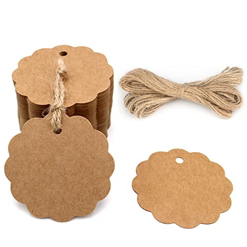100PCS Craft Scalloped Paper Gift Tags with Natural Jute Twines for Birthday Party, Wedding Decoration Gifts, Arts & Crafts (Brown)