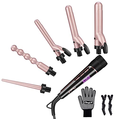 CkeyiN Curling Iron Set 5 in 1 Curling Wand 30s Instant Heat Up Hair Curler with Interchangeable Ceramic Barrel (0.35″ to 1.25″) Dual Voltage Temperature Adjustment Include Glove and 2 Hair Clips