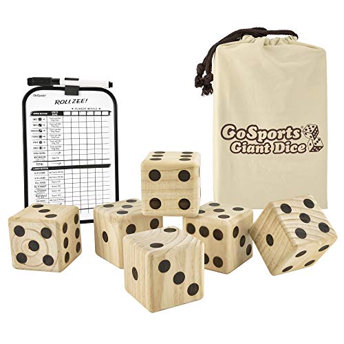 GoSports Giant Wooden Playing Dice Set with Rollzee and Farkle Scoreboard – Includes 6 Dice, Dry-Erase Scoreboard and Canvas Tote Bag – Choose 2.5 Inch or 3.5 Inch Dice)