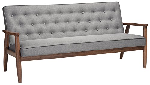 Baxton Studio Sorrento Mid-Century Retro Modern Fabric Upholstered Wooden 3-Seater Sofa, Grey 70.59 x 29.45 x 32.96