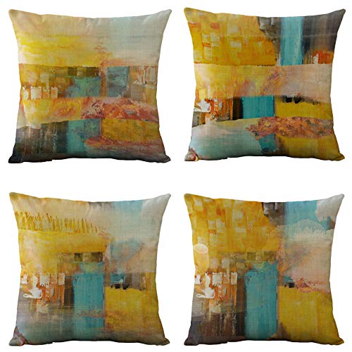 WOMHOPE 4 Pcs Vintage Oil Painting Geometric Decorative Throw Pillow Covers Pillow Cases Cushion Cases 18 x 18 Inch for Living Room,Couch and Bed (Yellow Watercolors (Set of 4))