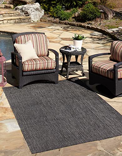 Unique Loom Collection Casual Transitional Solid Heathered Indoor/Outdoor Flatweave Area Rug, Rectangular 5′ 0″ x 6′ 0″, Black/Beige
