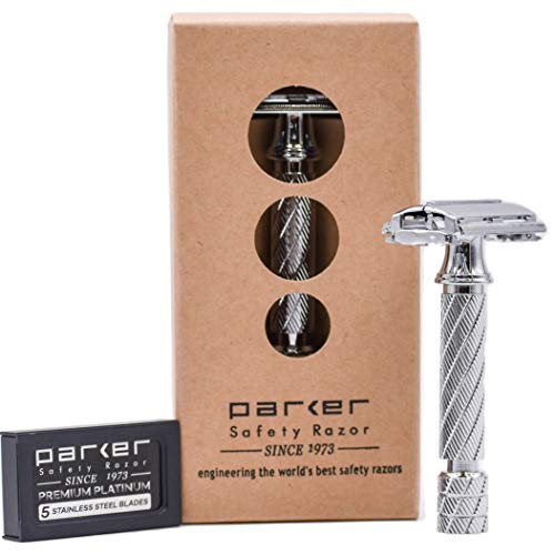 Parker Safety Razor, 87R Chrome Standard Length Handle Butterfly Open Double Edge Safety Razor for Men, 5 Parker Premium Platinum Double Edge Razor Blades Included