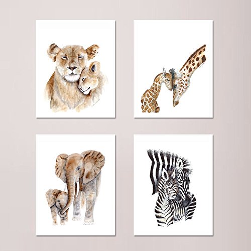 Safari Nursery Art Print Set of 4 Prints, African Mom and Baby Animal Watercolors: Lions, Elephants, Zebras, and Giraffes – Selection of Alternate Animals and Sizes available