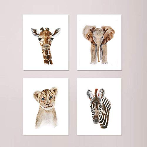 Set of 4 Safari Nursery Prints, Baby Animal Watercolor Portrait, Gender Neutral Nursery Art, Baby Room Decor: Elephant, Giraffe, Lion and Zebra – Selection of Alternate Animals and Sizes available