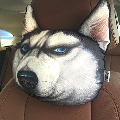 HOT SEAL Creative Funny Doge Lifelike 3D Printed Car Headrest Animals Dog Cat Head Cartoon Pillow Protect Seat Neck (Big Huskies)