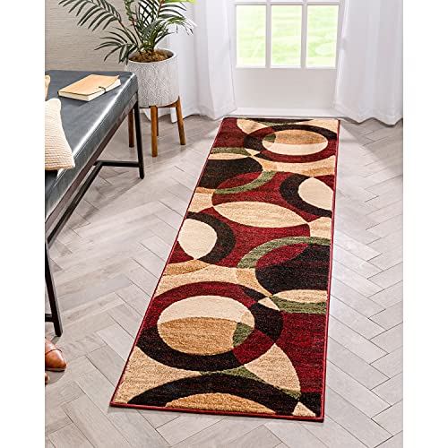 Well Woven Casual Modern Styling Shapes Circles Runner Rug 2×7 (2’3″ x 7’3″) Multi Color Red Black Beige Thick Soft Pile Easy Care Pile Suitable high Traffic Areas