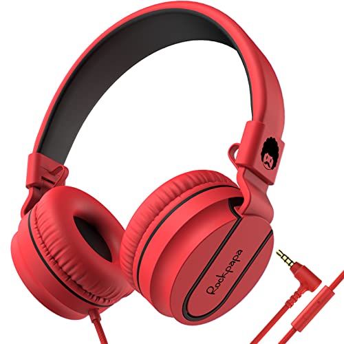 rockpapa 950 Headphones with Microphone for Kids for School Computer, On-Ear Headphones Wired Foldable for Boys chilrens Girls Teens Students Youth Adult Black Red