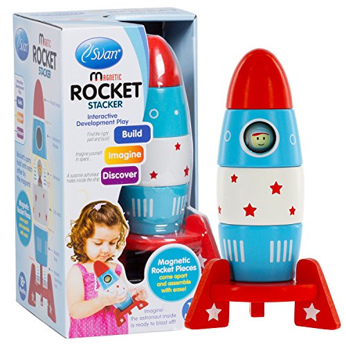 Wooden Stacker Toy Space Rocket – 6 Magnetic Stacking Pieces – Magnet Building Set with Surprise Astronaut Inside, Fun Game for Kids, All Natural Wood, Childrens Interactive Play or Gift