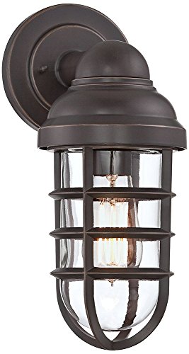 John Timberland Marlowe Rustic Industrial Farmhouse Outdoor Wall Light Fixture Bronze Cage 13″ Clear Glass for Exterior Barn Deck House Porch Yard Patio Outside Garage Front Door Garden Home