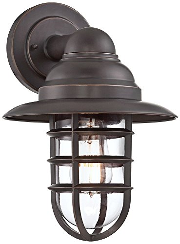 John Timberland Marlowe Rustic Industrial Farmhouse Outdoor Wall Light Fixture Bronze Hooded Cage 13″ Clear Glass for Exterior Barn Deck House Porch Yard Patio Outside Garage Front Door Garden