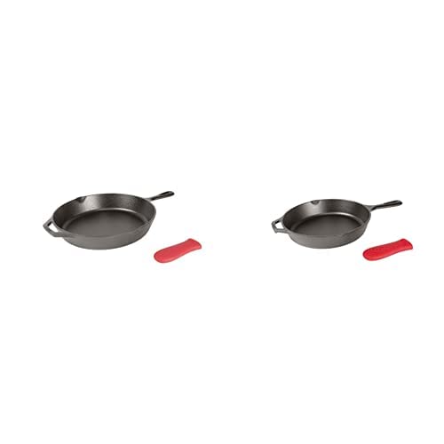 Lodge Manufacturing Company Cast Iron Skillet Bundle: 12″ and 10.25″ with Red Silicone Hot Handle