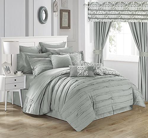 Chic Home Hailee 24 Piece Comforter Set Complete Bed in a Bag Pleated Ruffles and Reversible Print with Sheet Set and Window Treatment, Queen Silver,CS1966-AN