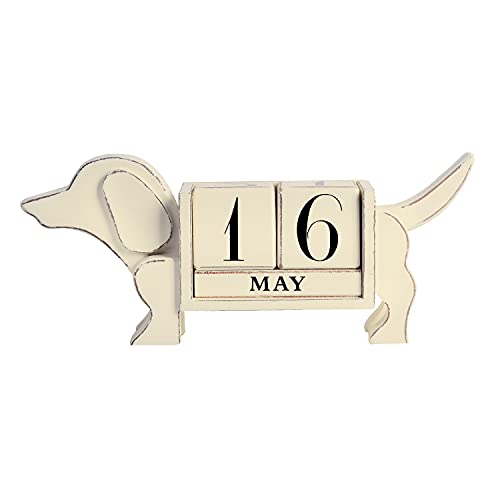 NIKKY HOME 2022 Vintage Wood Month Date Blocks Large Perpetual Calendar Desk Accessory, Shabby Chic Dog Shaped, Wooden Daily Calendar for Home and Office Decor, Beige
