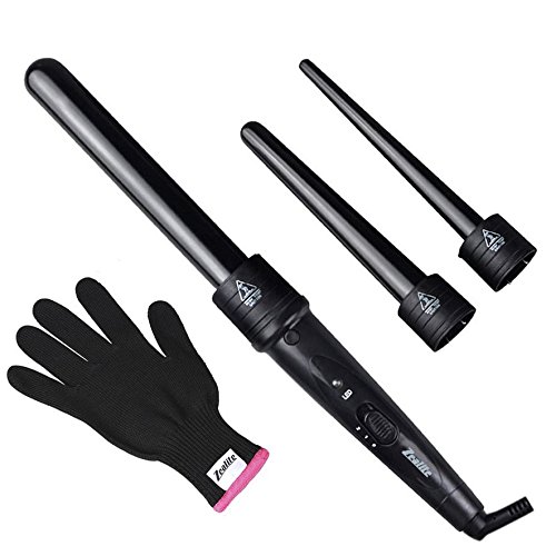 Curling Iron Set,Zealite 3 in 1 Hair Curling Wand Set Interchangeable Ceramic Barrels with Free Heat Resistant Glove (Black)