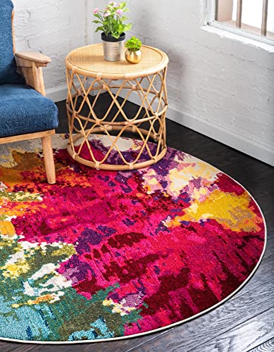 Unique Loom Estrella Collection Colorful, Abstract, Floral, Watercolors, Modern, Distressed Area Rug, Round 8′ 0″ x 8′ 0″, Multi/Pink