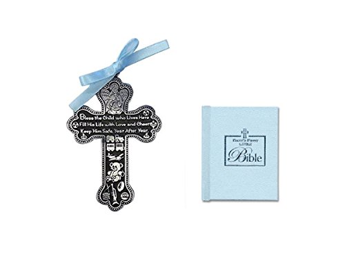 BABY Boy’s First Little Bible & CRIB CROSS Gift Set – Bless This Child – BAPTISM Christening BOXED BLUE Ribbon