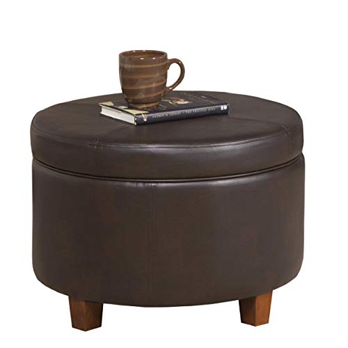 HomePop Round Leatherette Storage Ottoman with Lid, Chocolate Brown Large