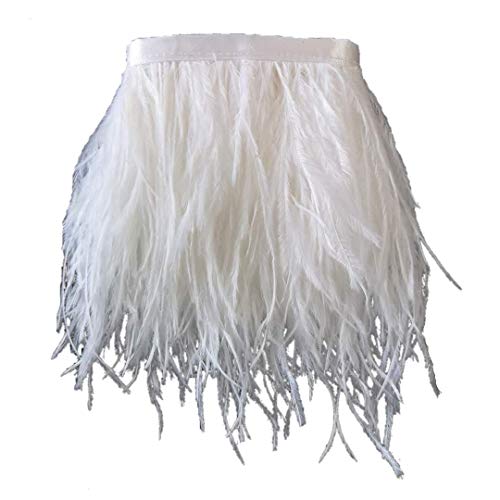 Sowder Ostrich Feathers Trims Fringe with Satin Ribbon Tape Dress Sewing Crafts Costumes Decoration Pack of 2 Yards(White)