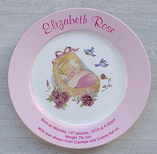 Personalized Birth Plate with a Pink Rim – Pink Cradle Design