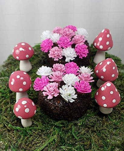 Set of 8 Fairy Garden Accessories, Terrarium Decor. Pink Mushrooms and Flowers.