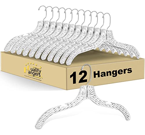 Quality Hangers Clear Hangers 12 Pack – Crystal Cut Hangers for Clothes – Durable Plastic Hanger Set – Invisible Dress Hangers for Suits – Heavy Duty Hangers – Nonslip Coat and Shirt Hangers