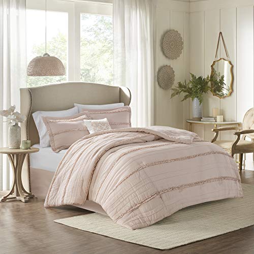 Madison Park Celeste Comforter Set-Textured Luxury Design All Season Down Alternative Bedding, Matching Sham, Decorative Pillows, Cal King(104″x92″), Pink 5 Piece