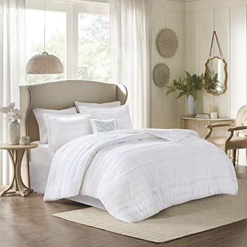Madison Park Celeste Comforter Set-Textured Luxury Design All Season Down Alternative Bedding, Matching Sham, Decorative Pillows, King(104″x92″), White 5 Piece