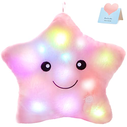 WEWILL 13” Creative Twinkle Star Glowing LED Night Light Plush Pillows Stuffed Animals Toys Birthday Valentines Gifts for Toddlers Girls (Pink)