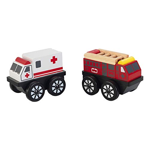 KidKraft Wooden 2-Piece Rescue Vehicle Play Set, Toy Ambulance and Fire Truck Cars, Gift for Ages 2+