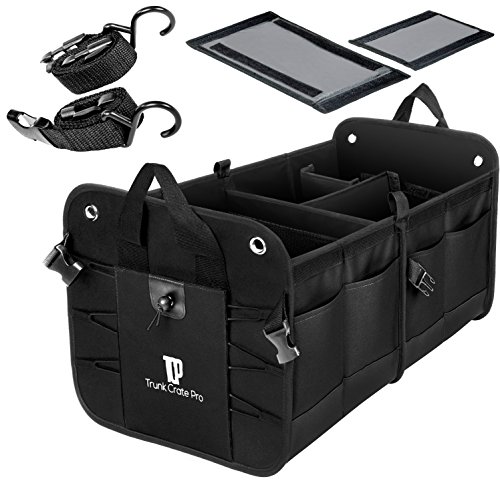 TRUNKCRATEPRO Trunk Organizer For Car, SUV, Car Organizers And Storage. Premium Adjustable Multi Compartments Durable Foldable Gift, Car Accessories W 2 Straps (Regular, Black) 23.6″ Lx14.6 Wx12.5 H