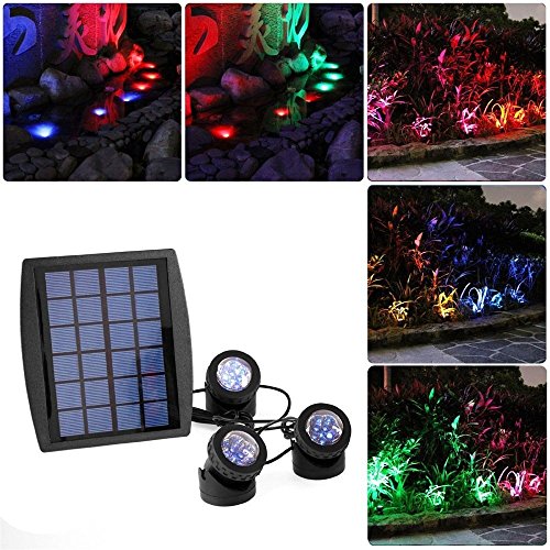 RivenAn 18 LEDs Solar Powered RGB Color Changing Landscape Spotlight Projection Light for Garden Pool Pond Outdoor Decoration & Lighting with 3 Submersible Lamps