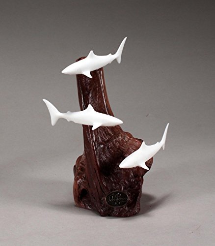 Shark Trio Miniature Sculpture by John Perry 3 in long Pellucida Statue on Burl-wood