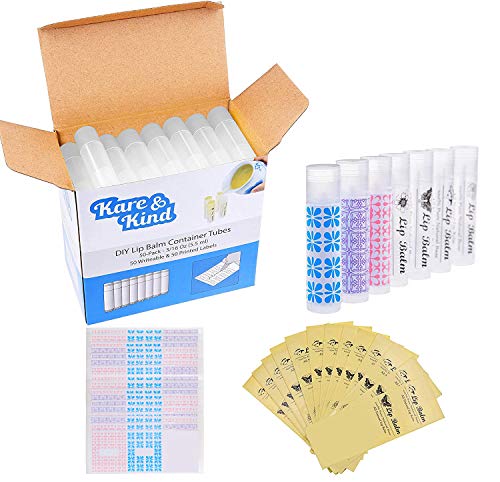 Lip Balm Container Tubes – 50-Pack – DIY – Translucent – 3/16 Oz (5.5 ml) – Including 50 Writeable & 50 Printed Lip Balm Stickers – Twist Mechanism and a Cap – Empty – Make Natural Lip Balm