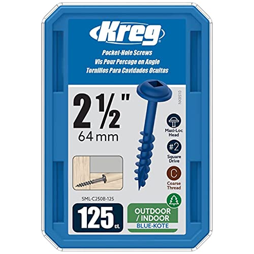 Kreg SML-C250B-125 Blue Kote, Pocket Screws, 2 1/2 Inch, 8 Coarse Thread, Maxi-Loc Head (125 Count)