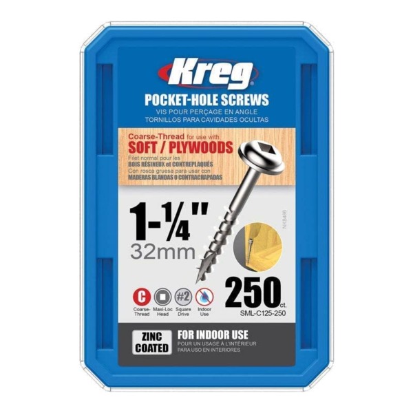 Kreg SML-C125-250 Zinc Pocket Screws, 1 1/4 Inch #8 Coarse Thread, Maxi-Loc Head, (250 Count)