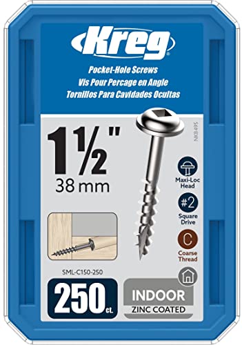 Kreg SML-C150-250 Zinc Pocket Screws, 1-1/2 Inch #8 Coarse Thread, Maxi-Loc Head (250 Count)