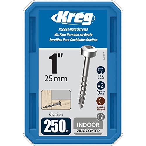 Kreg SPS-C1-250 Zinc Pocket Screws, 1-Inch #7 Coarse Thread, Pan- Head (250 Count)