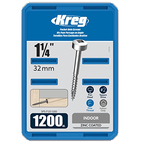 Kreg SPS-F125-1200 Zinc Pocket Screws, 1-1/4 Inch #6 Fine Thread, Pan Head (1200 Count)