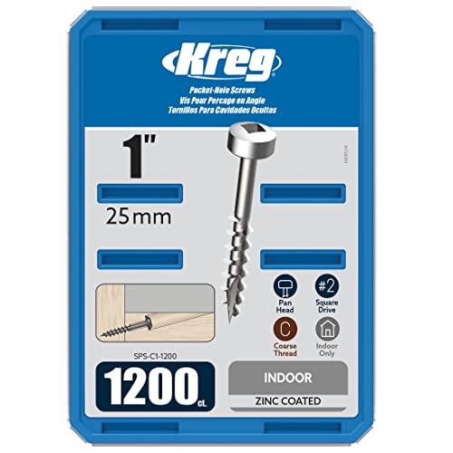 Kreg SPS-C1-1200 Zinc Pocket Screws, 1 Inch #7 Coarse Thread, Pan Head (1200 Count)