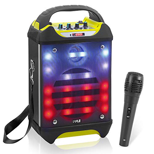 Pyle Portable Bluetooth Karaoke Speaker System – Audio Recording Function, 32 GB USB/SD Card Support, Built-in Rechargeable Battery, Flashing DJ Light w/ Music Streaming & Handheld Mic PWMA275BT
