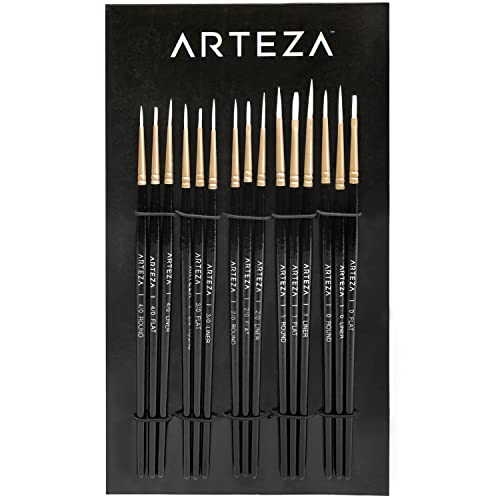 Arteza Detail Paint Brushes, Set of 15, Fine Detail Brush Set for Miniature Models and Canvases, Synthetic Bristles, Small Paint Brushes for Details, Fine Lines, and Shading