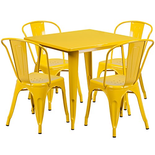 Flash Furniture Commercial Grade 31.5″ Square Yellow Metal Indoor-Outdoor Table Set with 4 Stack Chairs