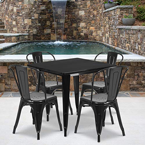 Flash Furniture Commercial Grade 31.5″ Square Black Metal Indoor-Outdoor Table Set with 4 Stack Chairs