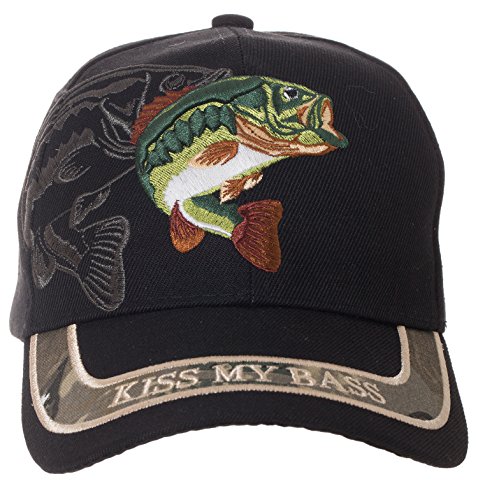 Kiss My Bass Baseball Cap – Funny Fishing Fisherman Gift – Embroidered Hat (Black, Baseball)