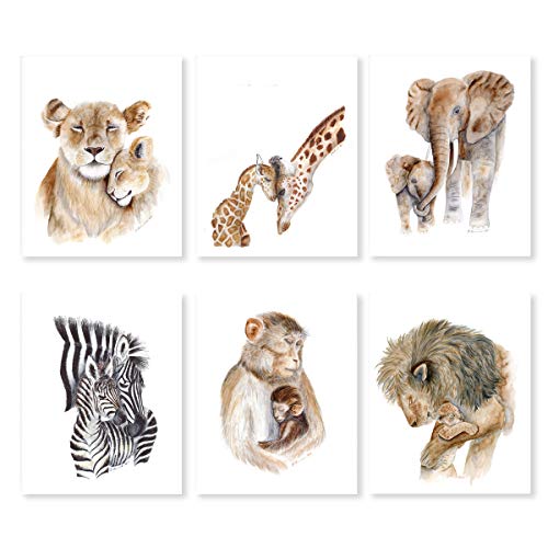 Safari Nursery Print Set of 6 Prints, Mom and Baby (and Dad) Wildlife Watercolors, Baby Room Decor: Lion, Giraffe, Elephant, Zebra, Monkey – Selection of Alternate Animals and Sizes available