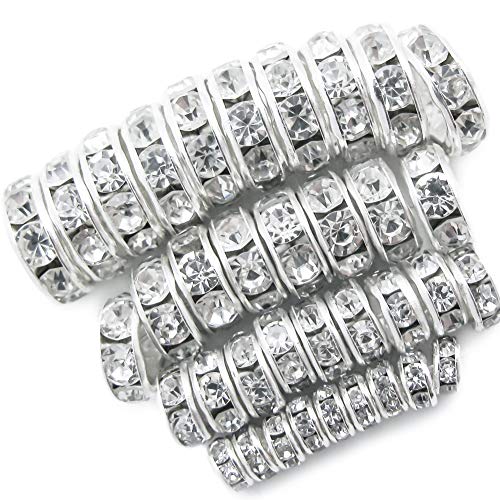 TOAOB 400pcs Round Rondelle Spacer Beads Silver Czech Crystal Rhinestone Loose Bead 4mm 6mm 8mm 10mm Charm Beads Assortments for Jewelry Making Bracelet Necklace