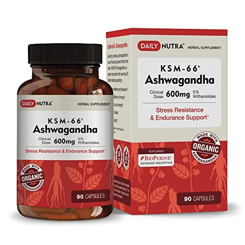DailyNutra KSM-66 Ashwagandha 600mg Organic Root Extract – High Potency Supplement with 5% Withanolides | Stress Relief, Increased Energy and Focus (90 Capsules)