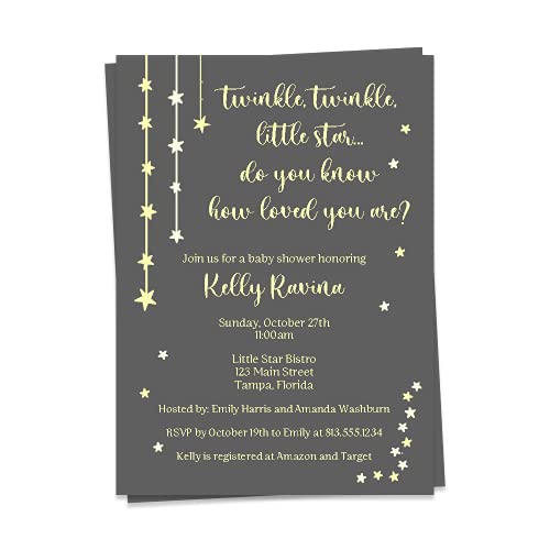 Twinkle Little Star Baby Shower Invitations Gender Neutral Invites Gray Grey Yellow Unisex Sprinkle Stars Gender Neutral Customized Printed Cards (12 Count)